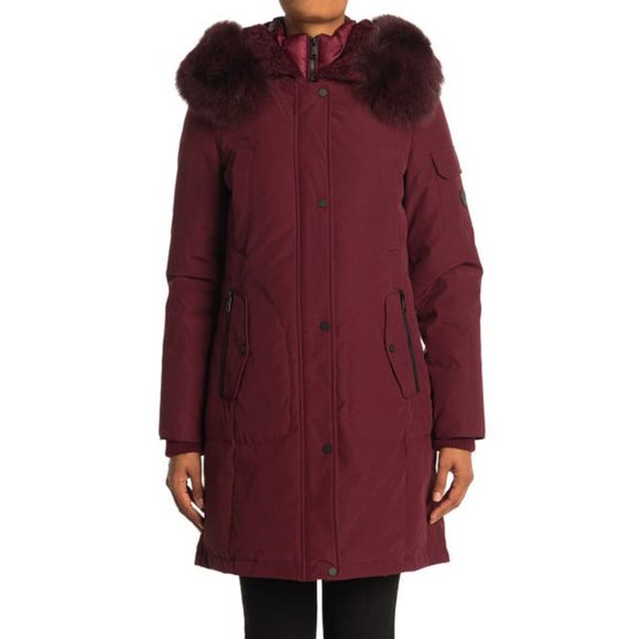 NEW 1MADISON Women Parka Burgundy Genuine Fox Fur Trim Mid Length Down Jacket - Picture 2 of 6